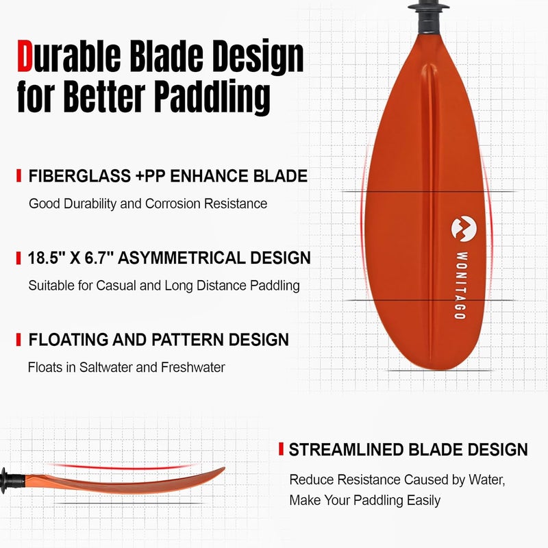 WONITAGO Kayak Paddles with Fiberglass Shaft and Reinforced PP Blade, Floating Adjustable Kayaking Oars, 3 Piece, 220-240 cm/86-94 Inches, 240-260 cm/94-102 Inches - Image 2